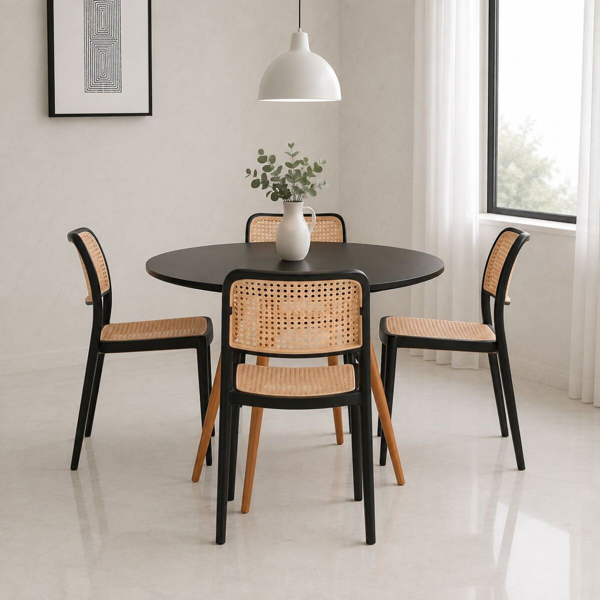 Comedor Eames 80cm redonda Negra + 4 Sillas Wanda