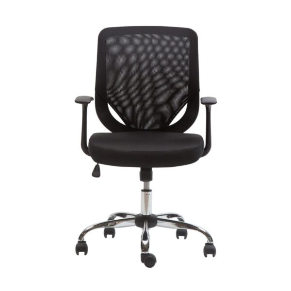 Silla de oficina Bend brazo fijo negra vista frontal, respaldo en malla y base cromada