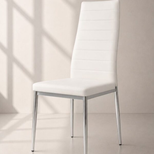 Silla Dining Comedor blanca de ecocuero con patas cromadas
