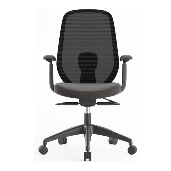 Silla de oficina Slim negra sin cabecero, vista frontal, respaldo en malla