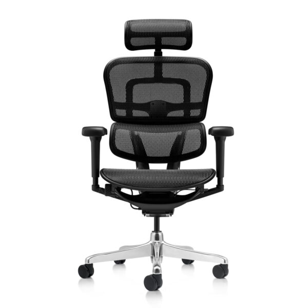 Silla Ergohuman Ultra Malla negra, respaldo y asiento en malla, cabecero regulable, brazos 4D y base de aluminio, vista frontal
