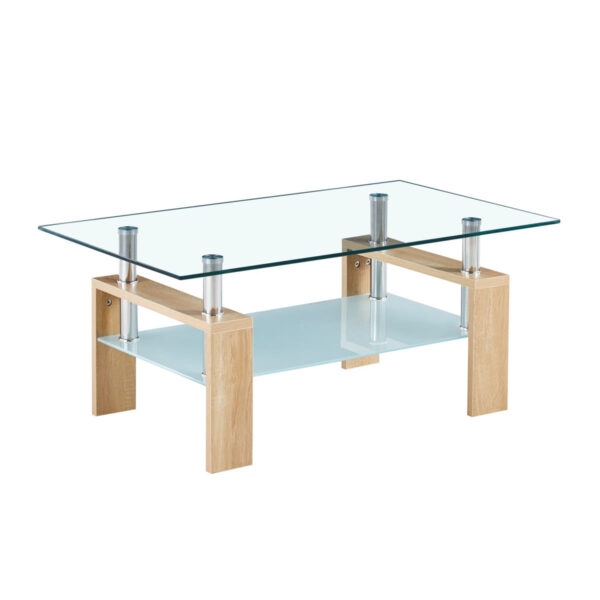 Mesa de centro rectangular de vidrio con patas de madera clara y repisa inferior, vista de tres cuartos