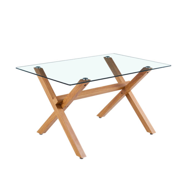 Mesa de comedor Nordic Cross de 140 por 90 cm, cubierta de vidrio y patas de madera cruzadas