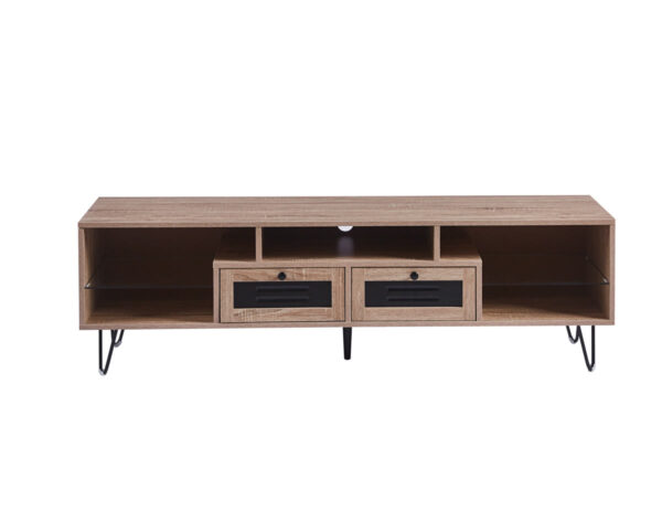 Rack de TV Monet en madera clara con dos cajones negros y patas metálicas, vista frontal