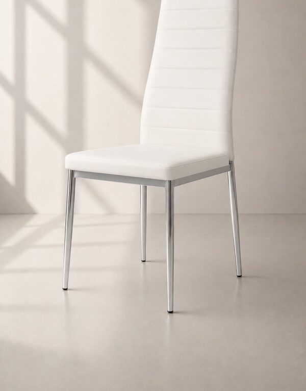 Silla Dining Comedor blanca de ecocuero con patas cromadas