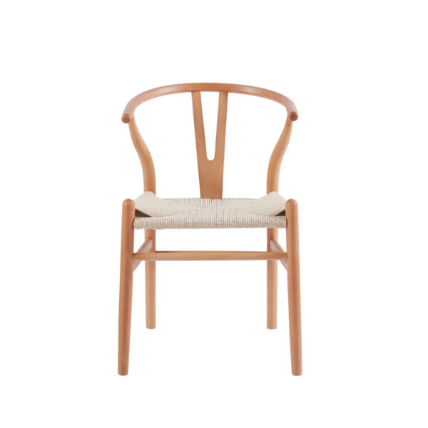 Silla Wishbone Rattan en madera natural, vista frontal, asiento de cuerda trenzada